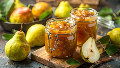 Pear preserves in glass jars