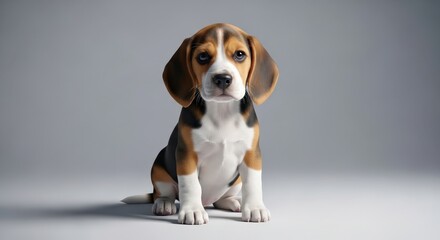 Adorable Beagle Puppy Sits Patiently on a Light Gray Background