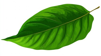 Obraz premium A detailed illustration of a single, vibrant green leaf with prominent veins, isolated on a white background.