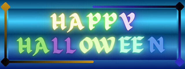 Colorful Happy Halloween Banner Design With Glow Effect Text On Blue Background Holiday Greetings Celebration Fun Invitation Card Or Poster Template Backdrop.