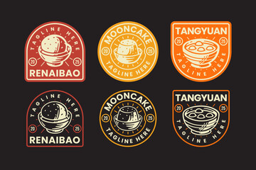 mooncake, tangyuan, Chinese dessert, traditional sweets, Asian food retro badge logo design set for restaurant, cafes, street food, culinary, pastry, bakery, gourmet. vector illustration