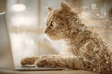 Charming cat in sunlight: human-like, fearful at screen. Smart fitness tools. Technology that makes your internal health visible and clear. Health tracking apps. Cat in room.