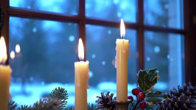 Christmas scene with three lit candles glowing softly against a snowy window, adorned with festive pine, holly, and pinecones for a peaceful holiday season.