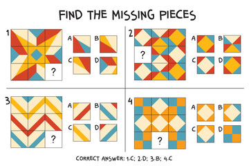 Pattern logic puzzle set. Find the missing tile in four geometric grids. Choose the correct square to complete each quilt-style mosaic. Printable attention and spatial-reasoning worksheet.
