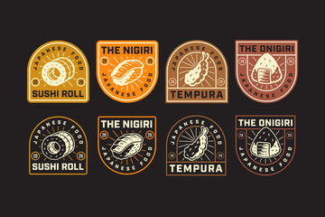 sushi roll, nigiri, tempura, onigiri, japanese food vintage badge patch logo design set for restaurant, cafes, street food, culinary, pastry, bakery, gourmet, cuisine. vector illustration