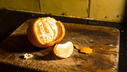 Peeled tangerine on a wooden cutting board