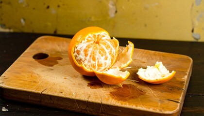 Peeled mandarin orange on a wooden cutting board