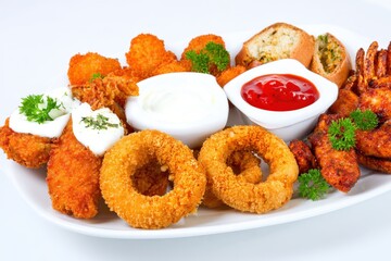 Assorted crispy appetizers platter with dipping sauces and herbs