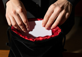 Placing donation envelope into velvet offertory bag during Christmas church service, act of generosity and thanksgiving