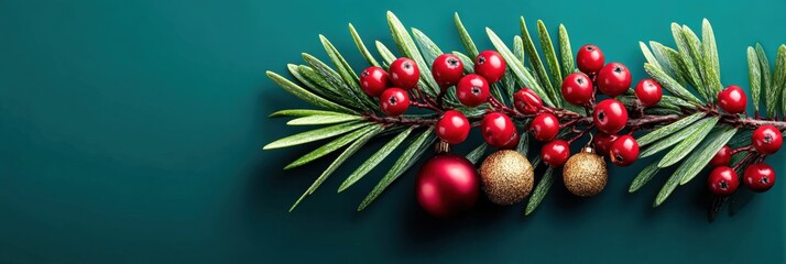 Festive Christmas decoration with pine branches and ornaments on a green background