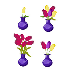 Set of bouquets with tulips in vases. Vector illustration isolated on white background.