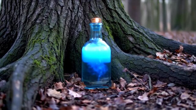 Blue potion bottle nestled near a tree trunk in a forest