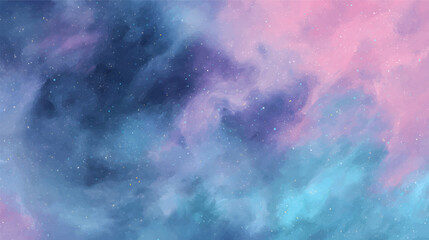 A vibrant cosmic scene featuring swirling clouds of pink, blue, and purple hues, scattered stars, and a dreamy atmosphere
