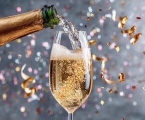 Champagne celebration with pouring bubbly and festive confetti