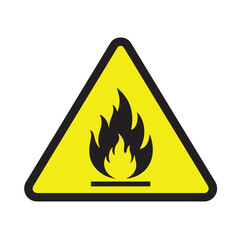 Caution flammable hazard sign with black flame on yellow triangle warns of danger