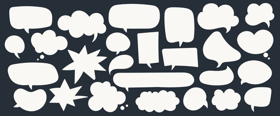 Set of white hand-drawn speech bubbles on dark background. Blank comic chat balloons for text, doodle style. Vector collection for comics, messages, and design templates.