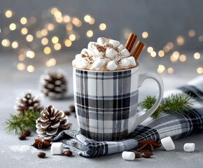 Cozy winter scene with marshmallow topped hot chocolate and cinnamon sticks