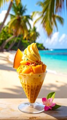 Tropical Mango Ice Cream Sundae on Beach