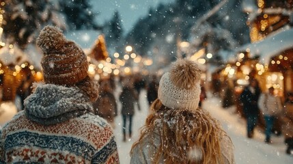 A cozy scene of people exploring a festive winter market during snowfall