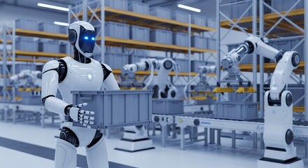 A humanoid robot carries a gray storage bin in a modern automated warehouse with robotic arms and shelves stacked with containers automation futuristic technology logistics industry