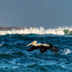 Pelican in flight over ocean waves