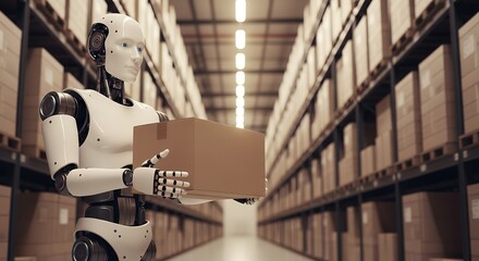 Advanced humanoid robot carries brown cardboard box down aisle of warehouse filled with shelves of stacked boxes under bright overhead lighting android technology automation logistics