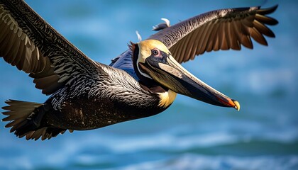 Pelican in flight over water