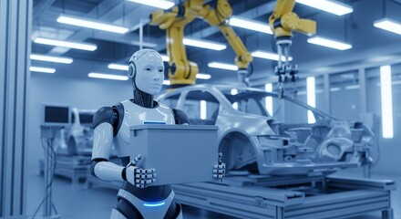 A humanoid robot carries a gray box in a modern factory with robotic arms and a partially assembled car in the background under bright lights android artificial intelligence AI automation