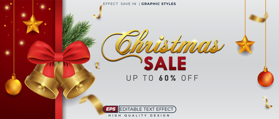 Editable 3d text effect christmas sale with bell for web background