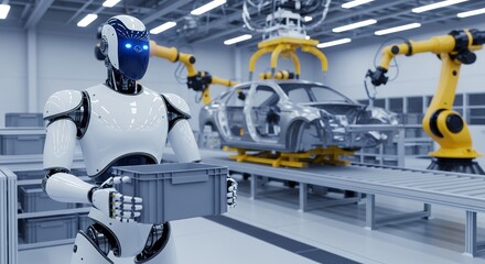A white humanoid robot with glowing blue eyes carries a gray plastic crate past an assembly line where a car chassis is being worked on by robotic arms in a modern factory automation