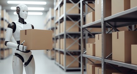 A futuristic humanoid robot holding a cardboard box in a warehouse filled with shelves stacked with identical packages automation delivery logistics technology future robot arm robotic