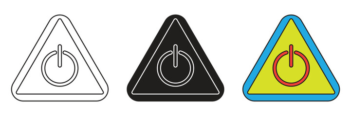 Power on-off warning triangle icon set. Power on-off warning triangle vector flat design.