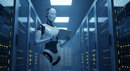 A futuristic humanoid robot stands holding a tablet computer in a modern server room filled with racks of blinking lights and technological equipment android technology AI artificial intelligence