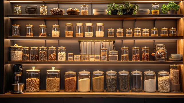 A well-organized pantry shelf displays various amber glass jars filled with spices, grains, and nuts. The warm neutral tones create a calm kitchen atmosphere.