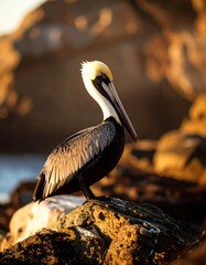Pelican perched on rocks at sunset