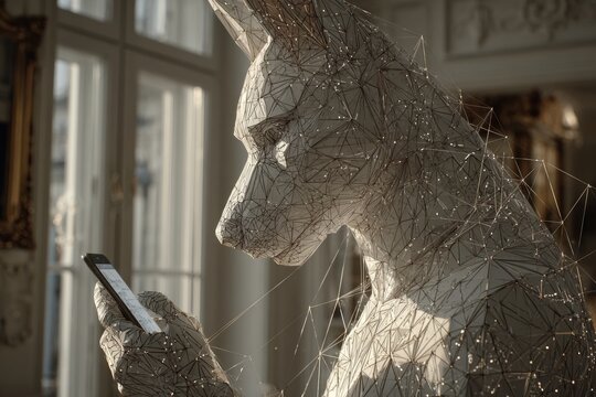 Paws and phones: canine cutie meets modern tech in the morning. Cute canine. Understanding the secret fabric that binds humans and matter. Universal unity. Smartphone encounter.