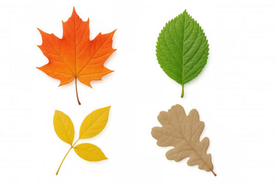 Various foliage displaying seasonal transformation, featuring green, yellow, orange, and brown leaves for fall and nature themes