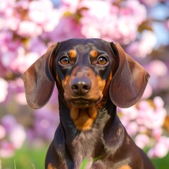 Portrait of a dachshund in a spring setting