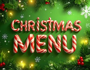 Festive Christmas Menu concept with 3D candy cane lettering, framed by pine branches, holly, and glowing string lights on a green background.