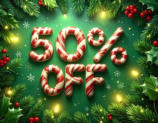 Festive Christmas Sale announcement with '50% Off' in 3D candy cane letters, framed by pine branches, holly berries, and glowing lights on a green background.