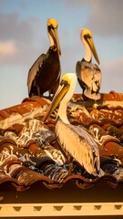Pelicans perched on terracotta roof at sunset