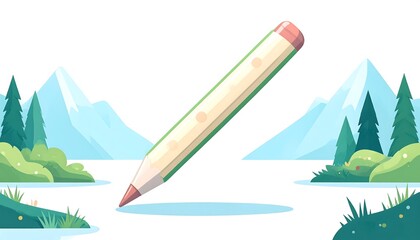 Pencil floating over a landscape