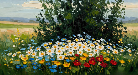 Oil painting of a vibrant meadow filled with daisies poppies and blue wildflowers under a cloudy sky
