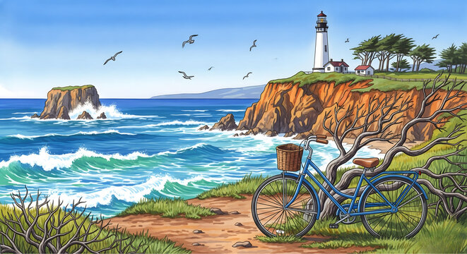 Scenic coastal landscape with lighthouse crashing waves and a bicycle on a cliffside path - Powered by Adobe