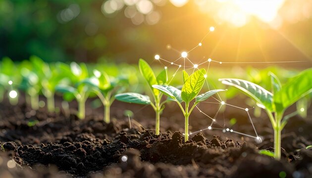 A young green plant sprouting from fertile soil with glowing data graphics in a sunlit field, symbolizing smart agriculture.