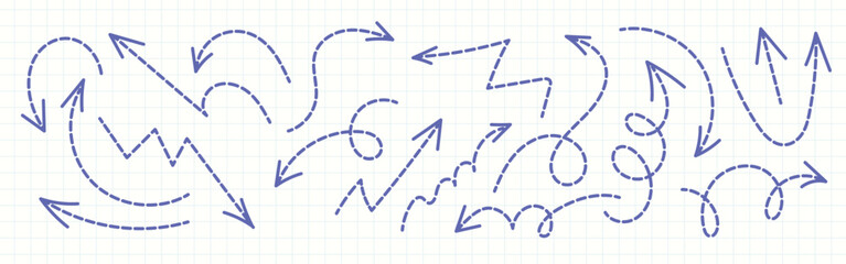 Hand-drawn doodle set of dashed arrows on graph paper. Collection of sketch arrows with curves, spirals, and directions for infographic, note, or design elements.