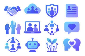 Tech-Inspired Icon Set of Digital Collaboration and Human-Centered Innovation in Cool Gradient Tones