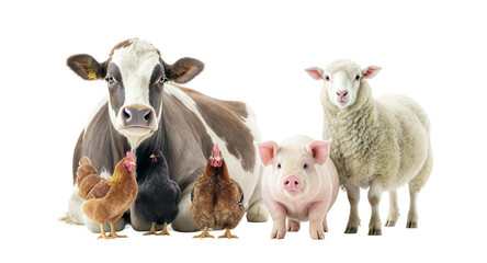 Fototapeta premium Farm Animals Cow, Chickens, Pig and Sheep Isolated on White Background
