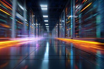 Futuristic glowing server room technology with motion blur and neon light streaks, bright digital data center

