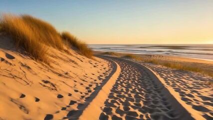 Golden hour illuminates vast sandy beach Tire tracks and footprints wind along dunes topped with tall grass towards the ocean where gentle waves meet the shore under soft gradient sky